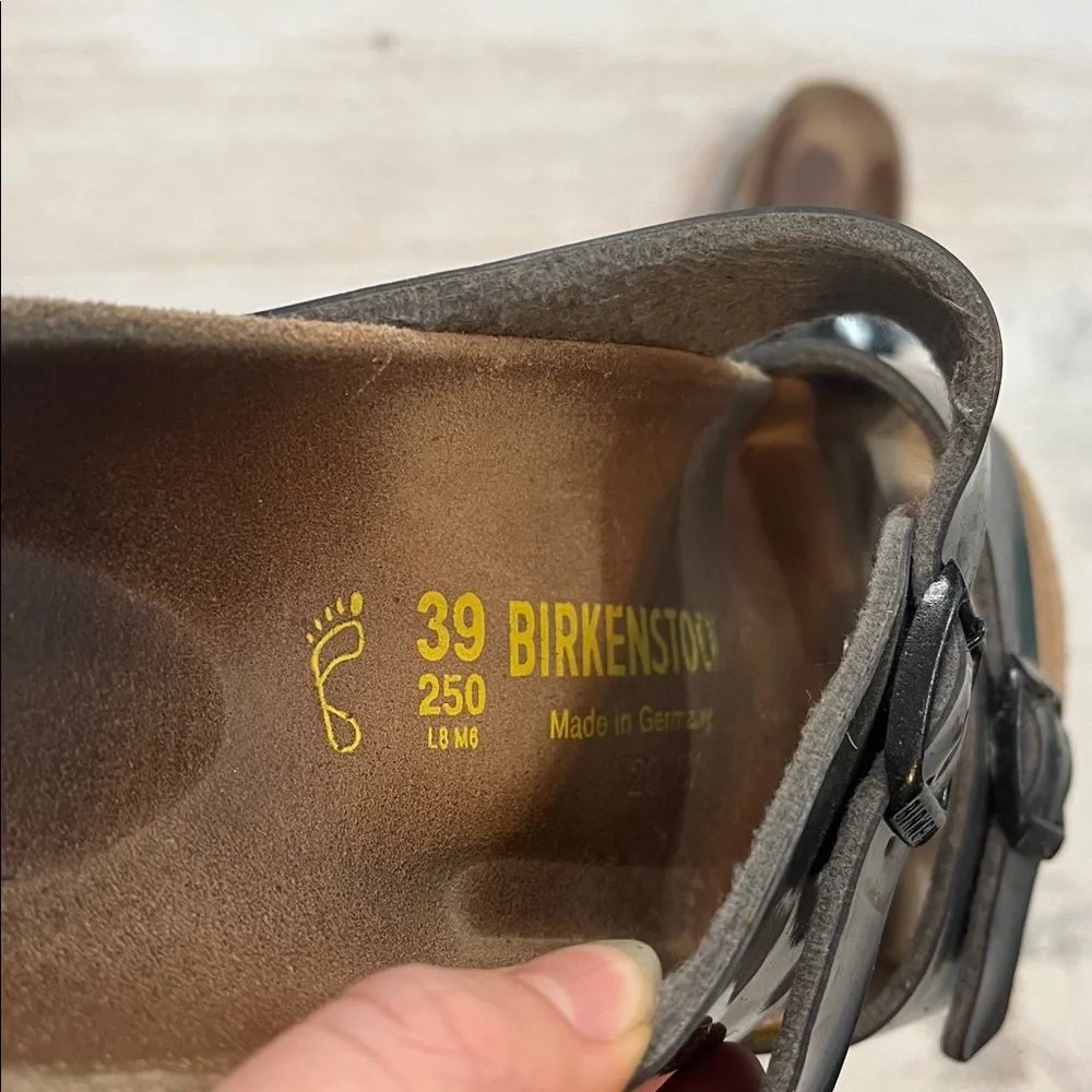 Birkenstock Arizona Dark Grey Birko-Flor Patent Sandals Size 8-8.5